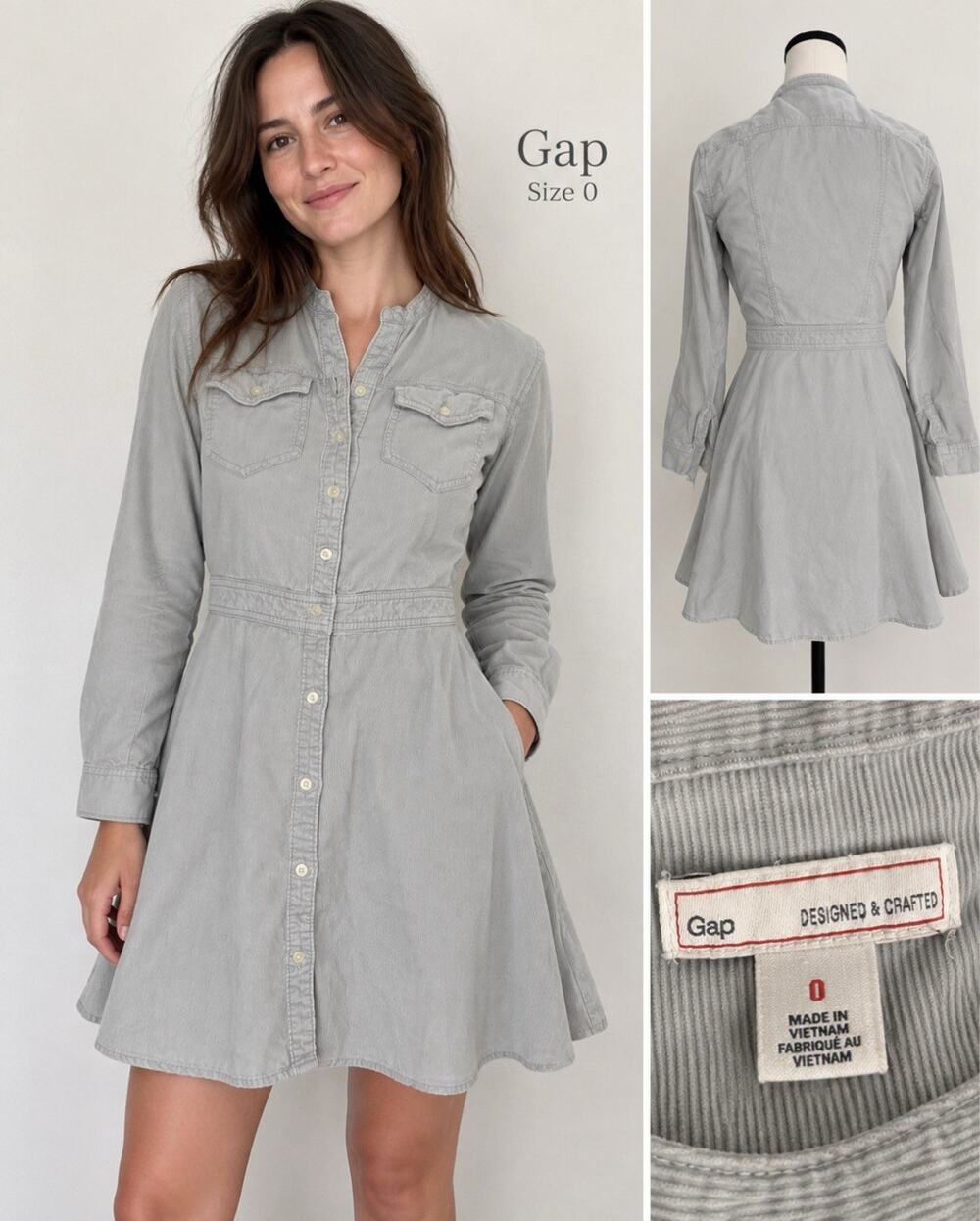Y2K Gap Designed & Crafted Corduroy Shirt Dress Size 0 Light Gray Preppy Rodeo